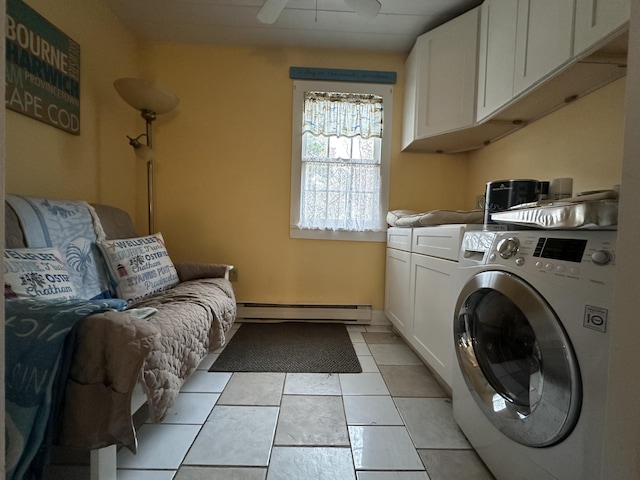 39 Naushon Rd, Dennis Port, MA 02639 - washroom with light tile patterned floors, a ceiling fan, cabinet space, washer and clothes dryer, and a baseboard radiator