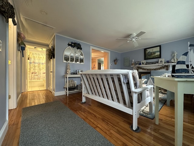 39 Naushon Rd, Dennis Port, MA 02639 - bedroom with baseboards, ornamental molding, attic access, and wood finished floors