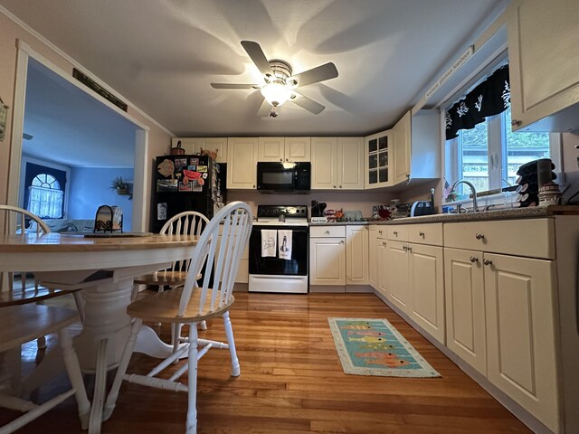 39 Naushon Rd, Dennis Port, MA 02639 - kitchen featuring ceiling fan, a wealth of natural light, light wood finished floors, and black appliances