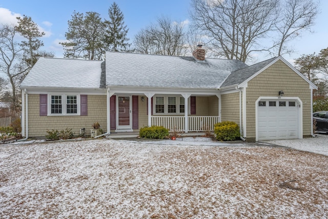 single story home featuring a porch and a garage