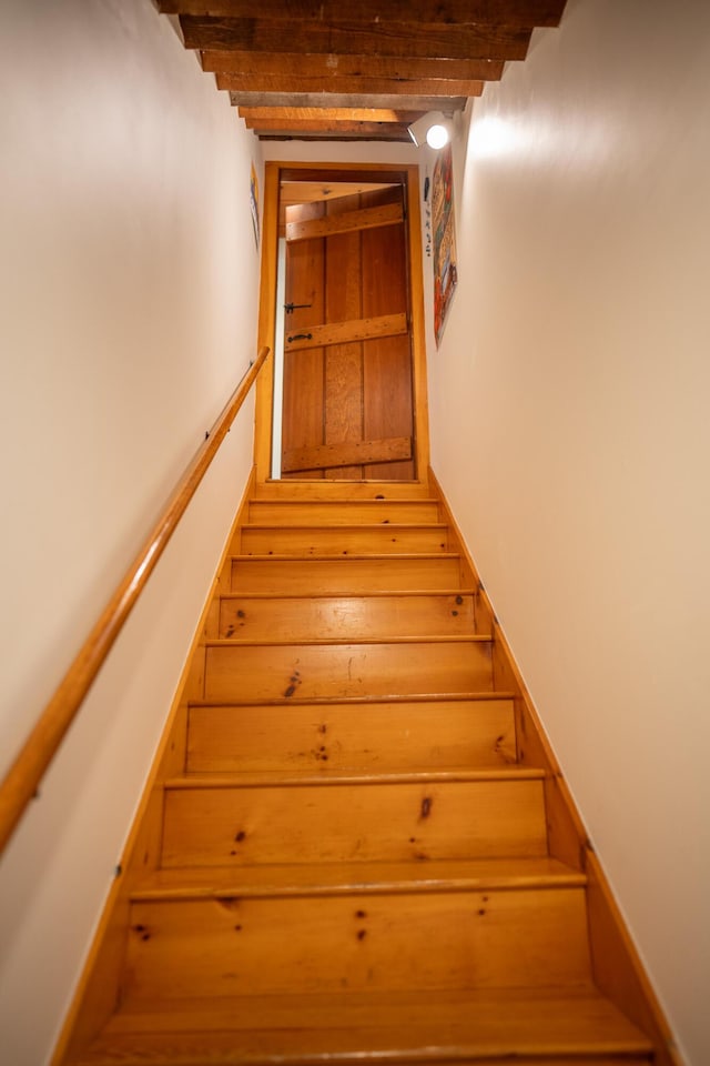 625 Bridge Rd, Eastham, MA 02642 - stairway featuring beamed ceiling