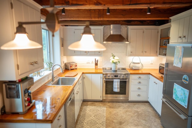 625 Bridge Rd, Eastham, MA 02642 - kitchen with appliances with stainless steel finishes, wall chimney range hood, backsplash, beam ceiling, and white cabinets