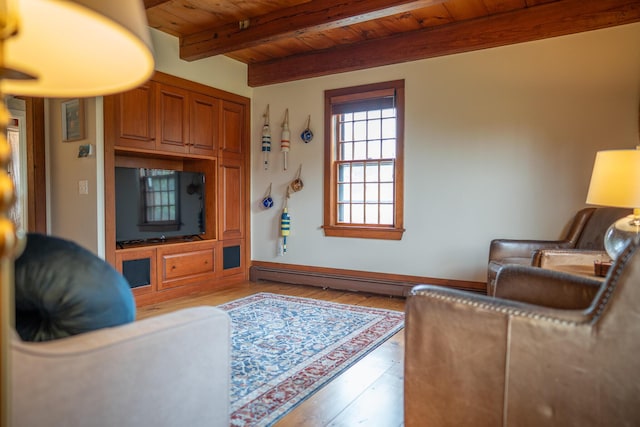 625 Bridge Rd, Eastham, MA 02642 - living area featuring a wood ceiling with exposed beams, light wood finished floors, and a baseboard heating unit