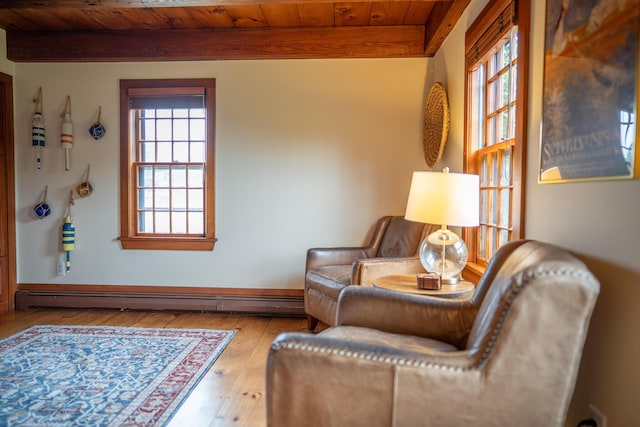 625 Bridge Rd, Eastham, MA 02642 - sitting room with a baseboard radiator, a wood ceiling with exposed beams, and hardwood / wood-style floors