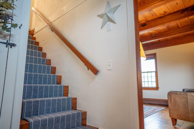 625 Bridge Rd, Eastham, MA 02642 - stairway with baseboard heating and a wooden ceiling with exposed beams
