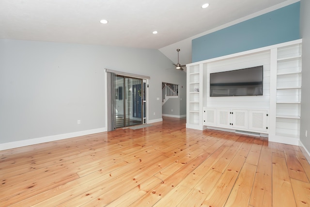 240 Oak St, Centerville, MA 02632 - unfurnished living room featuring light wood-type flooring, lofted ceiling, baseboards, a ceiling fan, and recessed lighting