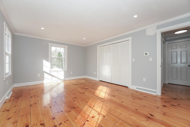 240 Oak St, Centerville, MA 02632 - unfurnished bedroom with light wood finished floors, baseboards, a closet, crown molding, and recessed lighting