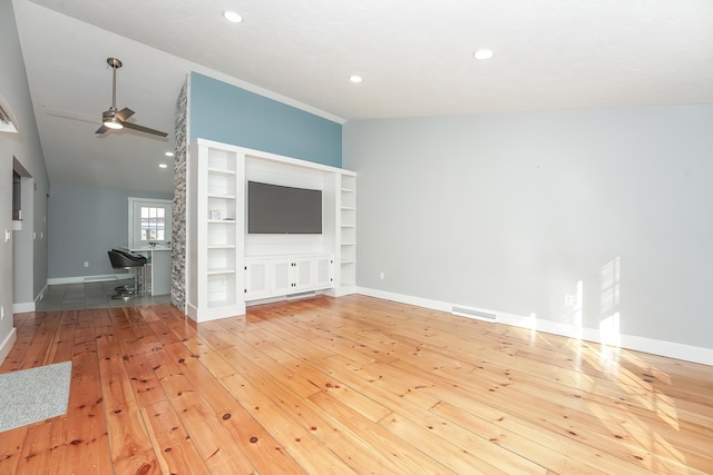 240 Oak St, Centerville, MA 02632 - unfurnished living room featuring light wood-style floors, a ceiling fan, baseboards, recessed lighting, and a desk