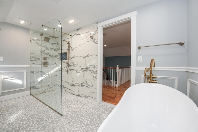 240 Oak St, Centerville, MA 02632 - full bathroom with a marble finish shower, a freestanding tub, recessed lighting, and wood finished floors
