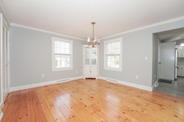 240 Oak St, Centerville, MA 02632 - unfurnished dining area with a chandelier, ornamental molding, wood-type flooring, baseboards, and healthy amount of natural light