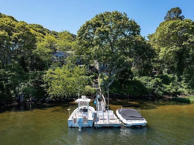 118 Driftwood Ln, South Yarmouth, MA 02664 - dock featuring stairway, a water view, and view of wooded area