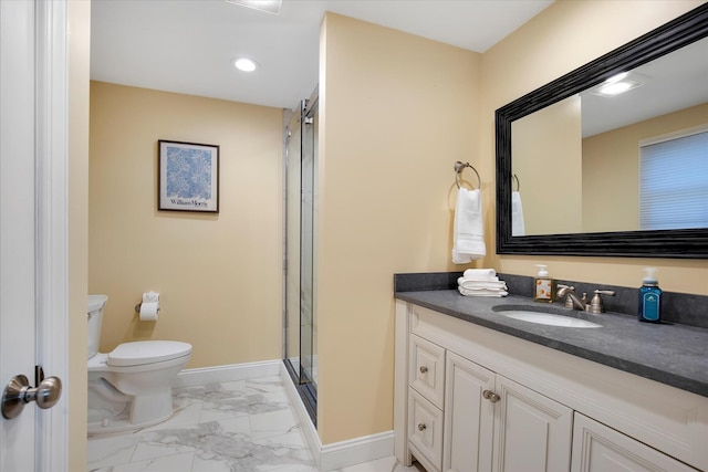 118 Driftwood Ln, South Yarmouth, MA 02664 - bathroom featuring marble look tiles, baseboards, vanity, toilet, and a stall shower