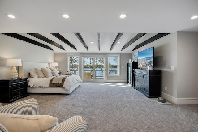 118 Driftwood Ln, South Yarmouth, MA 02664 - bedroom with carpet, beamed ceiling, baseboards, and recessed lighting