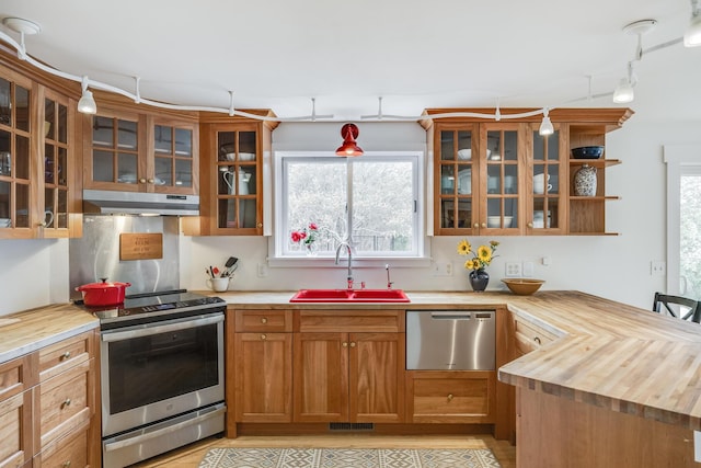kitchen featuring stainless steel appliances, under cabinet range hood, a sink, and butcher block countertops