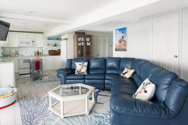 tiled living room with beam ceiling