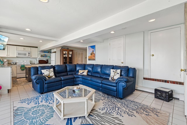 57 Oak St, Wareham, MA 02571 - living area featuring light tile patterned flooring, recessed lighting, beam ceiling, and a baseboard radiator
