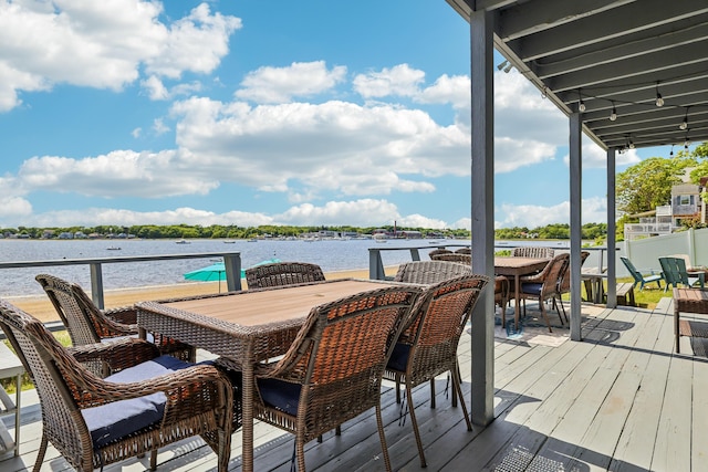 57 Oak St, Wareham, MA 02571 - wooden terrace featuring outdoor dining space and a water view