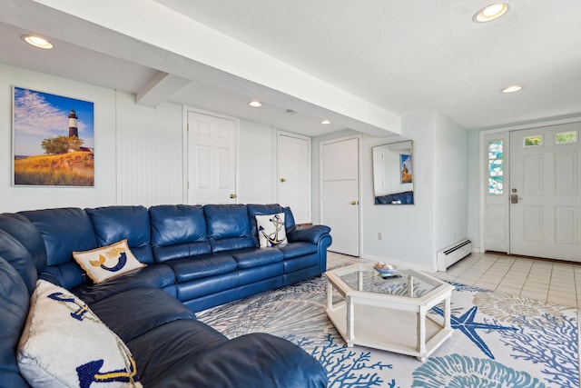 57 Oak St, Wareham, MA 02571 - living room featuring a baseboard radiator, recessed lighting, baseboards, beamed ceiling, and light tile patterned flooring
