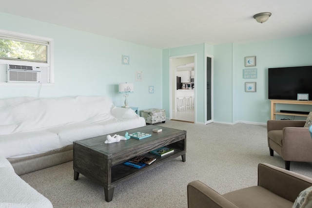 carpeted living room featuring cooling unit