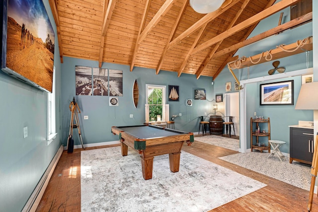 game room featuring pool table, baseboards, wood ceiling, wood finished floors, and a baseboard radiator