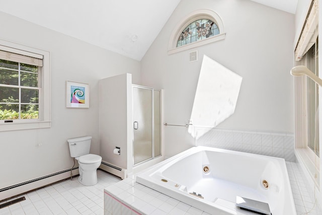 bathroom featuring toilet, a stall shower, baseboard heating, and vaulted ceiling