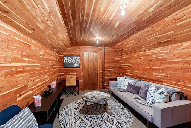 living room featuring wooden ceiling, wooden walls, carpet floors, and vaulted ceiling