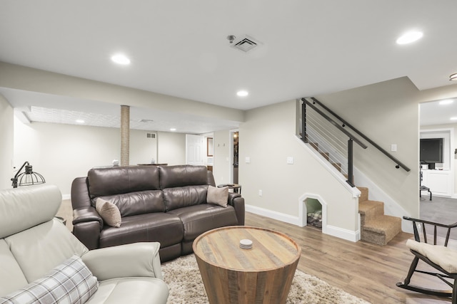 5 Lancaster Ln, Bourne, MA 02532 - living room featuring recessed lighting, stairs, baseboards, and light wood finished floors