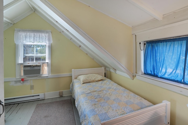 bedroom with cooling unit, baseboard heating, and lofted ceiling with beams