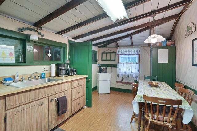 kitchen featuring sink, decorative light fixtures, wood ceiling, vaulted ceiling with beams, and green cabinetry