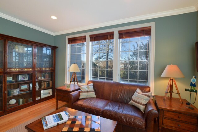 living area featuring a wealth of natural light, crown molding, wood finished floors, and recessed lighting