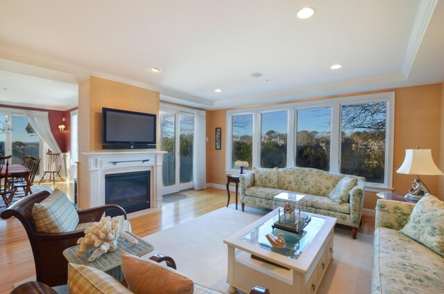 living area with light wood finished floors, crown molding, recessed lighting, and a glass covered fireplace
