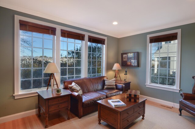 living area with light wood finished floors, baseboards, visible vents, and crown molding