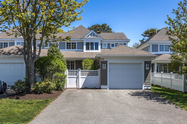 view of front of property featuring a garage, driveway, fence, and a gate