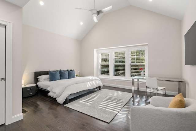 bedroom featuring high vaulted ceiling, dark wood-style flooring, ceiling fan, and baseboards