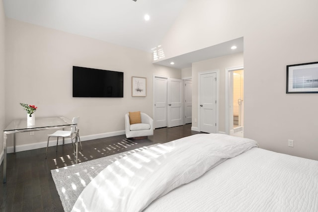 bedroom featuring dark wood-style floors, baseboards, high vaulted ceiling, and recessed lighting