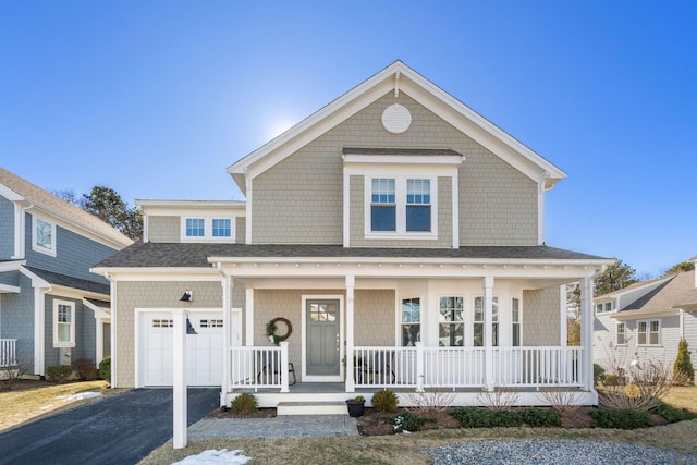 view of front facade with covered porch, driveway, roof with shingles, and an attached garage