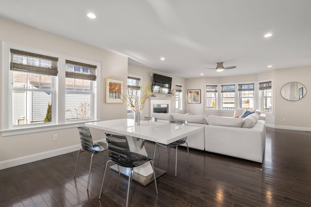 interior space featuring a fireplace, baseboards, and dark wood-style flooring