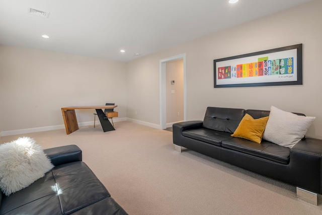 living room with light colored carpet, visible vents, baseboards, and recessed lighting