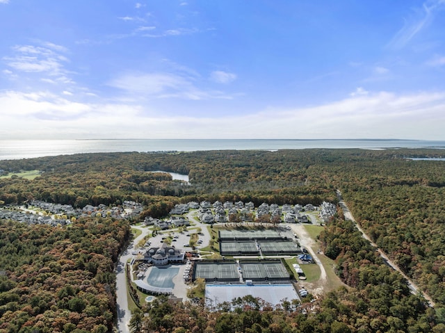 birds eye view of property with a forest view and a water view