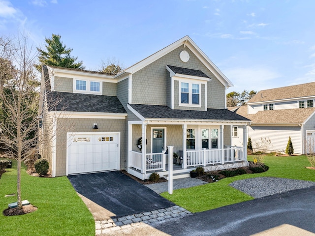 shingle-style home featuring a porch, aphalt driveway, a garage, a shingled roof, and a front lawn