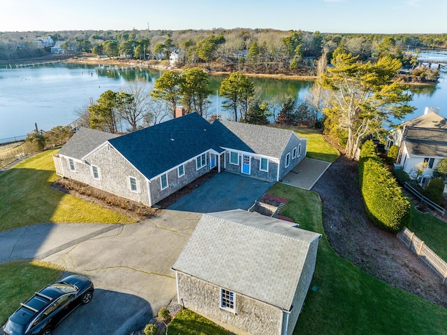 drone / aerial view featuring a water view