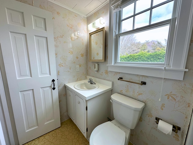 bathroom featuring vanity, toilet, and crown molding