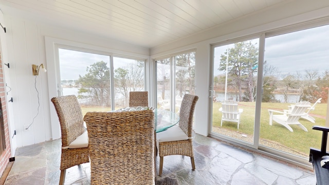 sunroom / solarium featuring a water view and wooden ceiling