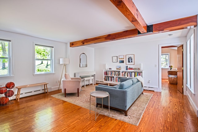 10 Bay View Rd, Wellfleet, MA 02667 - living area featuring light wood-type flooring, healthy amount of natural light, beam ceiling, and a baseboard heating unit