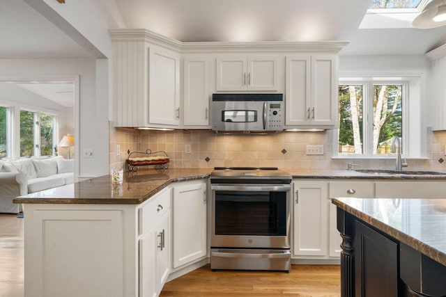 kitchen featuring appliances with stainless steel finishes, a sink, a skylight, and plenty of natural light