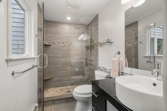 full bathroom featuring a shower stall, toilet, and vanity