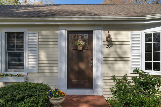 view of exterior entry featuring roof with shingles