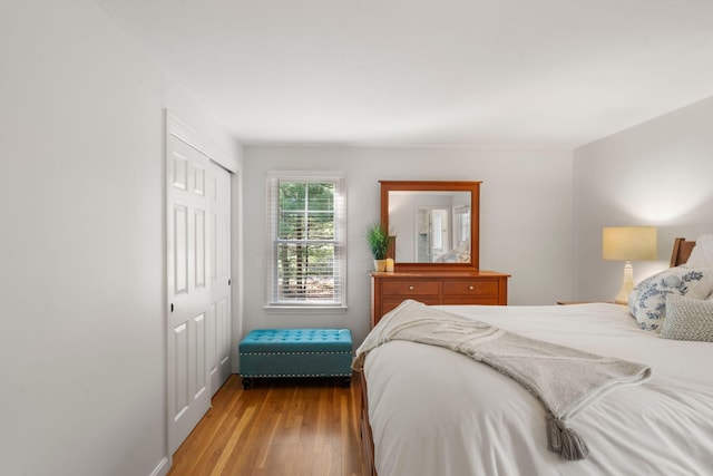 bedroom featuring hardwood / wood-style floors, a closet, and baseboards