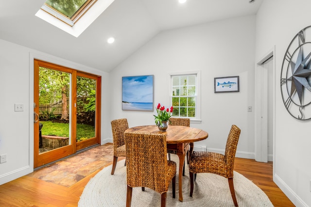 4 Frank Doyle Rd, South Dennis, MA 02660 - dining area with plenty of natural light, a skylight, baseboards, recessed lighting, and light wood-type flooring