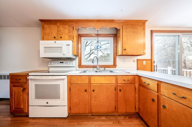 kitchen featuring white appliances, light countertops, a sink, and wood finished floors